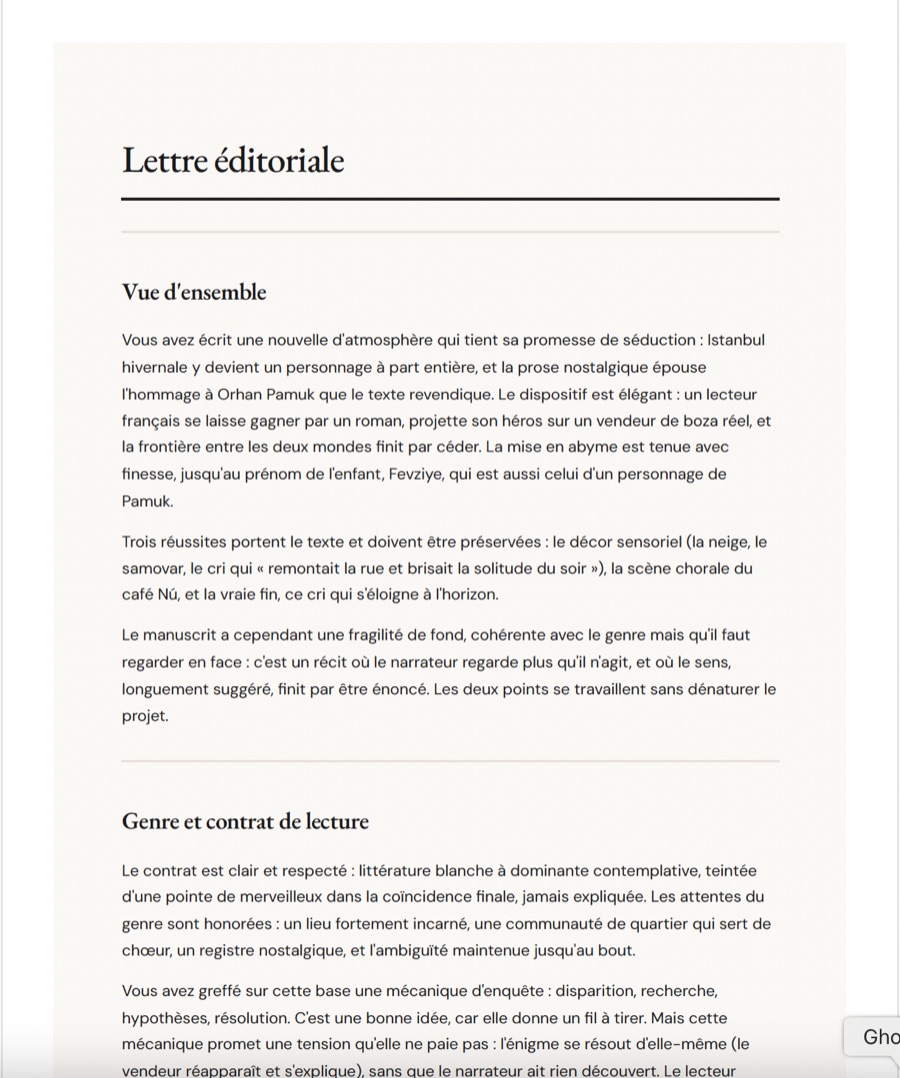 Aperçu de la lettre éditoriale : diagnostic global du manuscrit