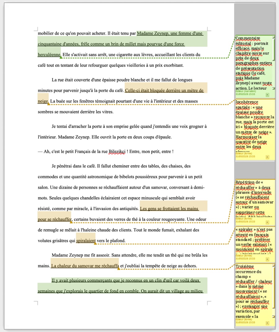 Aperçu du manuscrit annoté : corrections dans le texte et commentaires éditoriaux en marge